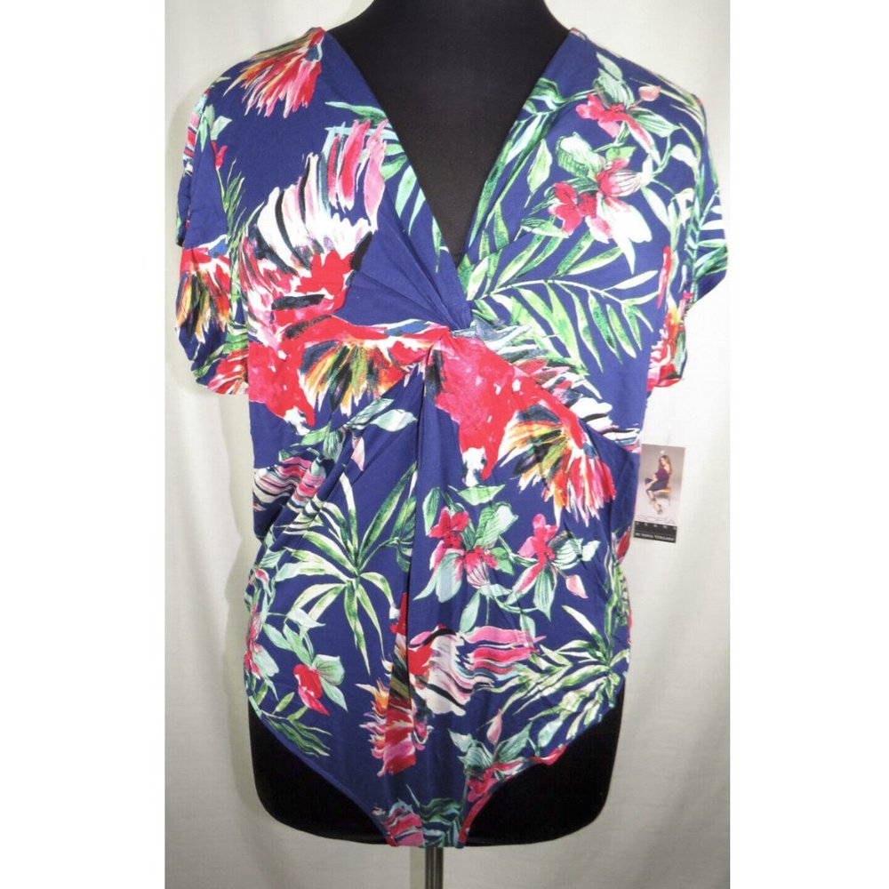 Sofia Vergara Blue Twist Front Floral Print Thong Bodysuit, NWT
